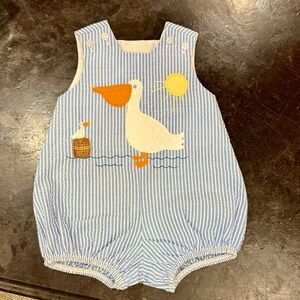 Bailey Boys Blue Striped Kids One Piece Bubble Romper Onesie with Pelican Design